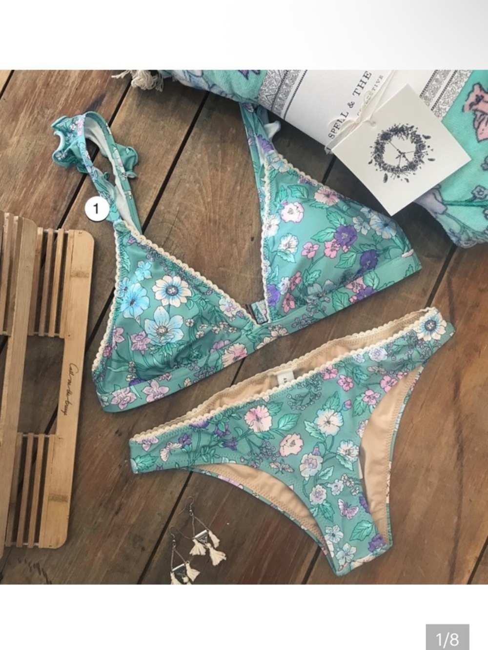 SPELL Frill Tri Top & Cheeky Bottom Flower Child Ocean Bikini 2pc Swimsuit Sz M